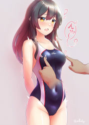 Rule 34 | 1girl, arthur ko, bare arms, bare legs, bare shoulders, black hair, black one-piece swimsuit, blush, collarbone, competition swimsuit, covered navel, cowboy shot, grey background, groin, hair between eyes, hair ornament, highres, kantai collection, long hair, one-piece swimsuit, open mouth, oyashio (kancolle), pov, simple background, solo, swimsuit, translation request, twitter username, yellow eyes