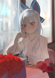 Rule 34 | 1girl, alternate costume, beijuu, blush, bouquet, bow, commentary, cup, english commentary, flower, girls&#039; frontline, hair bow, holding, holding cup, jewelry, long hair, long sleeves, necklace, pov, pov hands, red eyes, silver hair, solo focus, sweat, sweater, tokarev (girls&#039; frontline), turtleneck, turtleneck sweater, upper body, valentine, window