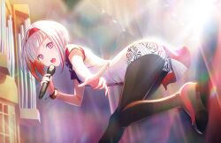 Rule 34 | 1girl, ass, bent over, black footwear, black pantyhose, bob cut, bracelet, colored inner hair, diagonal bangs, flats, floral print, floral print shorts, game cg, grey hair, hairband, highres, holding, holding microphone, index finger raised, inverted bob, jewelry, leg up, lens flare, link! like! love live!, looking at viewer, love live!, microphone, multicolored hair, official alternate costume, official art, open mouth, pantyhose, pantyhose under shorts, pink eyes, pointing, print shorts, red footwear, red hair, red hairband, shirt, short hair, short shorts, short sleeves, shorts, solo, stage, standing, standing on one leg, streaked hair, teeth, third-party source, two-tone footwear, virtual youtuber, white shirt, yugiri tsuzuri