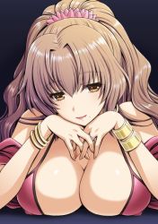 Rule 34 | 1girl, asatsuyu sayoko, bracelet, breasts, cleavage, covered erect nipples, interlocked fingers, jewelry, kuroda akimi, large breasts, light brown hair, lips, long hair, looking at viewer, mature female, mole, mole under mouth, ponytail, ring, solo, tsumamigui 3, wedding ring, yellow eyes