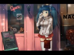 Rule 34 | 10s, 1girl, aqua eyes, ayagi daifuku, bag, blue eyes, blue hair, blush, bow, box, breasts, breath, building, buttons, checkered floor, coat, cursive, english text, engrish text, failure penguin, gloves, hair ribbon, twirling hair, hand on own face, happy valentine, heart-shaped box, holding, holding bag, isuzu (kancolle), kantai collection, letterboxed, light particles, long hair, looking at viewer, matching hair/eyes, menu board, miniskirt, miss cloud, neon lights, no symbol, outdoors, pleated skirt, polka dot, ranguage, red skirt, restaurant, ribbon, scarf, shop, shopping bag, skirt, snowing, solo, storefront, table, tablecloth, thighhighs, twintails, valentine, white coat, white ribbon, white thighhighs, window, winter clothes, zettai ryouiki