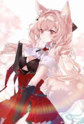 Rule 34 | 1girl, animal ear fluff, animal ears, arknights, armband, artist name, black bra, black gloves, blurry, blurry background, blush, bokeh, bra, braid, breasts, cleavage, closed mouth, collar, commentary, depth of field, detached collar, detached sleeves, envelope, expressionless, flower, flower brooch, gloves, hair intakes, hair ornament, hands up, highres, holding, holding envelope, light particles, long hair, looking to the side, medium breasts, nekojita (ika neko46), pink hair, pozyomka (arknights), red eyes, red flower, red rose, red skirt, rose, side braids, simple background, single glove, skirt, solo, swept bangs, tail, thigh strap, underwear, very long hair, white armband, white collar, wolf ears, wolf girl, wolf tail