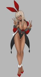 Rule 34 | 1girl, animal ears, ankle cuffs, black choker, black leotard, breasts, butakun, choker, cleavage, clothing cutout, coat, collarbone, commentary request, dark-skinned female, dark skin, double v, fake animal ears, full body, grey background, grey eyes, halterneck, hands up, head tilt, high heels, highleg, highleg leotard, highres, large breasts, leotard, light brown hair, long hair, long legs, looking at viewer, navel, navel cutout, open mouth, original, playboy bunny, rabbit ears, red coat, simple background, skindentation, solo, tail, tailcoat, thigh gap, two-sided coat, two-sided fabric, v, wedgie