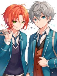 Rule 34 | 2boys, arm at side, artist name, bag, bishounen, blue necktie, close-up, closed mouth, collared shirt, ensemble stars!, highres, jacket, looking at viewer, male focus, mashiro konomi, multiple boys, necktie, school uniform, sena izumi (ensemble stars!), shirt, sidelocks tied back, simple background, tsukinaga leo, upper body, vest, white background, wing collar, yumenosaki school uniform