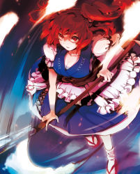 Rule 34 | 1girl, bad id, bad pixiv id, breasts, cleavage, female focus, frills, full body, hair bobbles, hair ornament, hitodama, large breasts, onozuka komachi, puffy short sleeves, puffy sleeves, red eyes, red hair, sandals, sash, scythe, short sleeves, short twintails, skirt, skirt set, socks, solo, touhou, twintails, two side up, yukizen