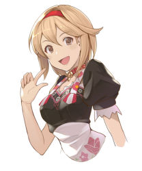 Rule 34 | 1girl, :d, blonde hair, breasts, brown eyes, choker, commentary request, cropped torso, djeeta (granblue fantasy), granblue fantasy, hairband, hand up, hinami (hinatamizu), index finger raised, looking at viewer, medium breasts, open mouth, puffy short sleeves, puffy sleeves, red choker, red hairband, short hair, short sleeves, simple background, smile, solo, upper body, white background