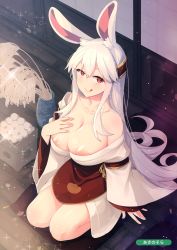 Rule 34 | 1girl, :q, absurdres, akino sora, animal ear fluff, animal ears, areola slip, blush, breasts, cleavage, hand up, highres, japanese clothes, kimono, large breasts, long hair, long sleeves, looking at viewer, original, plant, potted plant, rabbit ears, red eyes, seductive smile, seiza, sitting, smile, solo, tongue, tongue out, upturned eyes, white kimono