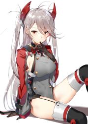 Rule 34 | 1girl, absurdres, ahoge, arm support, armpit cutout, azur lane, black gloves, blush, breasts, clothing cutout, cross, finger to mouth, garter straps, gloves, grey hair, grey jacket, headgear, highres, iron cross, jacket, large breasts, long hair, messy hair, mole, mole on breast, orange eyes, orihi chihiro, prinz eugen (azur lane), sideboob, simple background, sitting, solo, thighhighs, twintails, two side up, white background