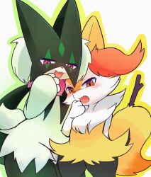 Rule 34 | 2girls, :3, animal ear fluff, animal ears, animal hands, animal nose, arm behind back, blush, body fur, braixen, cat girl, cat tail, cowboy shot, creatures (company), fang, female focus, flat chest, fox ears, fox girl, fox tail, furry, furry female, game freak, gen 6 pokemon, green fur, green hair, green outline, half-closed eyes, hand to own mouth, hand up, happy, highres, looking at viewer, meowscarada, multiple girls, neck fur, nintendo, nose blush, open mouth, outline, pokemon, pokemon (creature), ragu (apricolor), raised eyebrows, red eyes, short hair, simple background, skin fang, smile, smug, snout, standing, stick, tail, thick thighs, thighs, two-tone fur, white background, white fur, wide hips, yellow fur, yellow outline