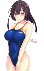 Rule 34 | 1girl, ahoge, akizuki (kancolle), black hair, black headband, blue eyes, breasts, clothes writing, competition swimsuit, cowboy shot, grey eyes, hachimaki, headband, highleg, highleg swimsuit, highres, impossible clothes, impossible swimsuit, kantai collection, looking at viewer, medium breasts, montemasa, one-piece swimsuit, ponytail, simple background, solo, swimsuit, twitter username, white background