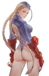 Rule 34 | 1girl, absurdres, ahoge, ass, blonde hair, blue eyes, blue leotard, braid, breasts, cammy white, camouflage, closed mouth, commentary, facial scar, fingerless gloves, from behind, gauntlets, gloves, hat, highleg, highleg leotard, highres, leotard, lips, long sleeves, looking at viewer, looking back, medium breasts, ribbed leotard, scar, scar on cheek, scar on face, simple background, solo, street fighter, street fighter zero (series), thighs, twin braids, twintails, wave 61, white background