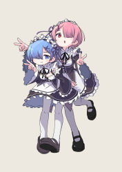 Rule 34 | 2girls, absurdres, asymmetrical bangs, black footwear, blue eyes, blue hair, blush, bow, breast cutout, breasts, chestnut mouth, cleavage, closed mouth, commentary, detached sleeves, double v, dress, frilled dress, frills, full body, grey background, hair ornament, hair over one eye, hair ribbon, hand up, highres, looking at viewer, maid headdress, mary janes, medium breasts, medium hair, multiple girls, nakamori kemuri, open mouth, outstretched arm, pantyhose, pink hair, pout, purple bow, purple ribbon, ram (re:zero), re:zero kara hajimeru isekai seikatsu, red eyes, rem (re:zero), ribbon, shoes, short dress, siblings, sidelocks, simple background, sisters, sleeveless, sleeveless dress, small breasts, standing, standing on one leg, v, white legwear, x hair ornament