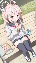 Rule 34 | 1girl, ahoge, bench, bendy straw, blue archive, cardigan, commentary request, drinking straw, food, full body, grey sailor collar, grey skirt, grey thighhighs, halo, highres, holding, holding food, kamatama, long hair, long sleeves, looking at viewer, natsu (blue archive), neckerchief, on bench, park bench, parted lips, pink hair, pleated skirt, puffy long sleeves, puffy sleeves, red eyes, red neckerchief, sailor collar, school uniform, serafuku, shoes, side ponytail, sitting, skirt, sleeves past wrists, solo, thighhighs, very long hair, white cardigan, white footwear