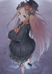 Rule 34 | 1girl, abigail williams (fate), black bow, black dress, black footwear, black hat, blonde hair, bloomers, blue eyes, bow, bug, butterfly, commentary request, dress, fate/grand order, fate (series), forehead, hair bow, hat, highres, hugging object, insect, jonsun, long hair, long sleeves, looking at viewer, looking back, mary janes, orange bow, parted bangs, polka dot, polka dot bow, shoes, sleeves past fingers, sleeves past wrists, solo, standing, stuffed animal, stuffed toy, teddy bear, twitter username, underwear, very long hair, white bloomers