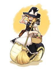 Rule 34 | 1girl, apron, aronnecroman, bag, basket, black hat, blonde hair, bow, braid, bright pupils, broom, commentary, commission, english commentary, hat, hat bow, highres, holding, holding broom, kirisame marisa, lamia, lantern, looking at viewer, monster girl, picnic basket, short sleeves, shoulder bag, side braid, single braid, solo, touhou, waist apron, white apron, white bow, white pupils, witch hat, yellow eyes