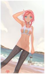Rule 34 | 1girl, arknights, beach, blue eyes, blue poison (arknights), blue poison (shoal beat) (arknights), border, bottle, braid, choker, chromatic aberration, clothes pull, cloud, cloudy sky, commentary, da (datako), dutch angle, ear piercing, english commentary, feet out of frame, female focus, hairband, hand on own head, highres, holding, holding bottle, looking at viewer, medium hair, navel, o-ring, o-ring choker, ocean, official alternate costume, open mouth, outdoors, pants, pants pull, piercing, pink choker, pink hair, pussy, pussy peek, sand, scales, sky, solo, sports bra, standing, starfish, twin braids, twintails, water bottle, white border, white sports bra
