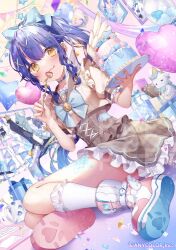 Rule 34 | 1girl, alternate costume, alternate hairstyle, amamiya kokoro, amamiya kokoro (4th costume), balloon, bell, blue bow, blush, bow, box, braid, brown dress, center-flap bangs, clothes hanger, confetti, copyright name, dress, food, fork, frilled socks, frills, fruit, full body, gift, gift box, hair bow, hair ornament, heart, heart balloon, heart hair ornament, holding, holding fork, holding plate, multicolored hair, nijisanji, official alternate costume, official alternate hairstyle, official art, picture frame, pink footwear, pink hair, plate, sakura shiori, sample watermark, scales, socks, solo, strawberry, streaked hair, stuffed toy, tongue, virtual youtuber, watermark, white socks, x hair ornament, yellow eyes