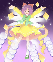 Rule 34 | bad id, bad pixiv id, bow, closed eyes, danmaku, dress, ellipsis (mitei), gradient background, green bow, green footwear, hair bow, highres, light particles, long sleeves, open mouth, red bow, rengeteki (touhou), shoes, simple background, smile, socks, solo, touhou, touhou (pc-98), white socks, wings, yellow dress