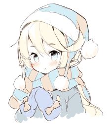 Rule 34 | 1girl, :o, beanie, blonde hair, blue coat, blue eyes, blue hat, blue mittens, blush, character request, charlotta (granblue fantasy), coat, commentary request, fur-trimmed headwear, fur trim, granblue fantasy, hair between eyes, hands up, hat, head tilt, long hair, looking at viewer, meito (maze), mittens, parted lips, pointy ears, scarf, simple background, solo, striped clothes, striped scarf, upper body, white background