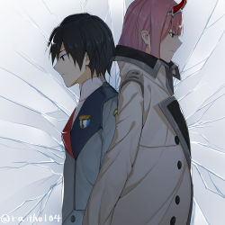 Rule 34 | 10s, 1boy, 1girl, back-to-back, black hair, blue eyes, coat, commentary request, couple, darling in the franxx, green eyes, hair ornament, hairband, height difference, hetero, hiro (darling in the franxx), horns, jacket, jacket on shoulders, long coat, long hair, long sleeves, military, military uniform, necktie, oni horns, pink hair, raitho, red horns, red neckwear, short hair, uniform, white coat, white hairband, zero two (darling in the franxx)