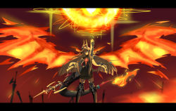 Rule 34 | 1girl, absurdres, ahoge, arknights, arm up, black dress, black gloves, black thighhighs, blue eyes, closed mouth, commentary request, dress, fiery wings, flame-tipped tail, gloves, glowing, glowing eyes, grey hair, highres, holding, holding polearm, holding spear, holding weapon, horns, jacket, kaiven banzhang, letterboxed, long hair, long sleeves, looking at viewer, open clothes, open jacket, planted, planted sword, planted weapon, polearm, reed (arknights), solo, spear, sword, tail, thighhighs, very long hair, weapon, white jacket, wings