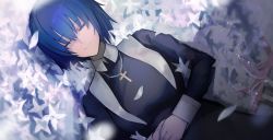 Rule 34 | 1girl, absurdres, amirun, black dress, black keys (type-moon), blue hair, chain, chain necklace, ciel (tsukihime), closed eyes, closed mouth, commentary, cross, cross necklace, dress, flower, flower bed, habit, hair between eyes, highres, jewelry, latin cross, long sleeves, lying, necklace, nun, own hands together, petals, short hair, smile, solo, traditional nun, tsukihime, tsukihime (remake), weapon, white flower