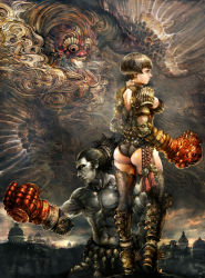 Rule 34 | 1boy, 1girl, abs, anesaki dynamic, armor, armored boots, ass, black hair, boots, city, demon, gloves, muscular, original, profile, topless male, short hair, shoulder armor, pauldrons, thigh boots, thighhighs, weapon, whorled clouds