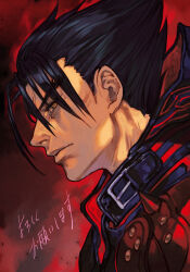 Rule 34 | 1boy, black hair, closed mouth, hungry clicker, kazama jin, looking at viewer, male focus, namco, portrait, profile, red background, solo, spiked hair, tekken, yellow eyes