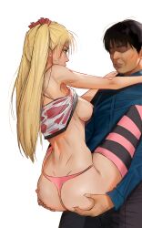 Rule 34 | 1boy, 1girl, akizuki airi, ass, ass grab, back, black hair, black pants, black thighhighs, blonde hair, blue shirt, breasts, breasts out, carrying, carrying person, clothes lift, covered eyes, hands on another&#039;s shoulders, hasurikun, highres, implied sex, long hair, long sleeves, looking at another, medium breasts, nipples, no bra, oni chichi, panties, pants, pink panties, pink thighhighs, shirt, shirt lift, simple background, sleeveless, sleeveless shirt, striped clothes, striped thighhighs, suspended congress, thighhighs, twintails, two-tone shirt, two-tone thighhighs, ugly man, underwear, white background