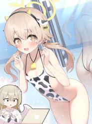 Rule 34 | 2girls, alternate costume, angel wings, animal ears, animal print, ass, back, backless outfit, backless swimsuit, bare arms, bare back, bare legs, bare shoulders, bell, bikini, blue archive, blush, breasts, collarbone, computer, covered navel, cow ears, cow horns, cow print, cowbell, cup, fake animal ears, fake horns, halo, halterneck, hifumi (blue archive), horns, laptop, leaning forward, leotard, light brown hair, long hair, looking at viewer, low twintails, multiple girls, multiple views, nagisa (blue archive), open mouth, reflection, small breasts, smile, sparkle, surprised, swimsuit, teacup, twintails, ushimittsu, wings, yellow eyes