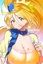 Rule 34 | 10s, 1girl, alternate breast size, blue hat, breasts, character name, cleavage, closed mouth, covered erect nipples, cure etoile, earrings, garrison cap, hat, heart, highres, hugtto! precure, jewelry, kagayaki homare, large breasts, long hair, looking at viewer, magical girl, orange eyes, orange hair, precure, rumo, scarf, smile, solo, star (symbol), star earrings, upper body