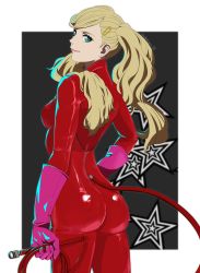 Rule 34 | 1girl, absurdres, ass, blonde hair, blue eyes, bodysuit, breasts, catsuit, cowboy shot, fake tail, full-length zipper, gloves, hair ornament, hairclip, hand on own hip, highres, long hair, persona, persona 5, pink gloves, red bodysuit, simple background, smile, solo, star (symbol), tail, takamaki anne, twintails, twitter username, umenituru, whip, zipper