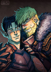 Rule 34 | 2boys, aged up, alternate facial hair, alternate hairstyle, bad id, bad tumblr id, bara, beard, black hair, blonde hair, blue eyes, brown armor, couple, cris art, dragon age, ear piercing, elf, facial hair, facial mark, fingerless gloves, fur trim, gift art, gloves, heads together, hulkling, looking at another, looking at viewer, male focus, marvel, mature male, monsterification, multiple boys, mustache, piercing, pointy ears, short hair, sideburns, thick eyebrows, thick mustache, upper body, wiccan, yaoi, young avengers