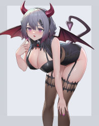 Rule 34 | 1girl, :o, absurdres, bare arms, bare shoulders, belt, bent over, black leotard, blush, breasts, brown thighhighs, cleavage, collar, colored tips, covered erect nipples, demon girl, demon horns, demon tail, feet out of frame, fish bone, fish hair ornament, garter straps, grey background, grey hair, hair ornament, hairband, hand on own knee, hand up, highres, horns, index finger raised, large breasts, leotard, lock, multicolored hair, nail polish, original, outside border, padlock, padlocked collar, pink nails, purple hair, red horns, red wings, short hair, skindentation, solo, standing, streaked hair, sweatdrop, tail, thigh gap, thighhighs, thighs, wings, xzu
