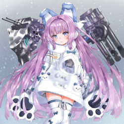 Rule 34 | 1girl, absurdres, animal ears, animal hands, azur lane, bad id, bad pixiv id, blue eyes, blush, coat, dress, fake animal ears, fur trim, gloves, hair ornament, highres, long hair, long sleeves, looking at viewer, machinery, open mouth, paw gloves, pom pom (clothes), poppypilf, purple hair, snowing, solo, sweater, tashkent (azur lane), thighhighs, torpedo tubes, turret, very long hair, white coat, white thighhighs, wide sleeves, winter clothes