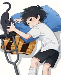 Rule 34 | 1boy, animal, bandaged leg, bandages, black cat, black eyes, black hair, black shorts, cat, child, commentary, crutch, english commentary, from above, hands on another&#039;s face, highres, light smile, lying, male focus, on side, original, phamquo35059479, pillow, shirt, short hair, short sleeves, shorts, solo, white background, white shirt