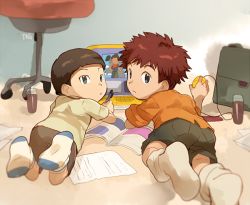 Rule 34 | 00s, 2boys, artist name, bowl cut, brown hair, chair, child, computer, cup, digimon, digimon adventure, digimon adventure 02, drinking glass, from behind, green eyes, grey eyes, hida iori, izumi koshiro, laptop, looking at viewer, lying, magazine (object), male focus, messy room, multiple boys, on floor, on stomach, shorts, socks, spiked hair, t k g, time paradox