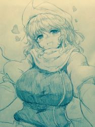 Rule 34 | 1girl, :d, blunt bangs, blush, breasts, efukei, hair between eyes, hat, heart, highres, large breasts, letty whiterock, looking at viewer, monochrome, nose blush, open mouth, puffy sleeves, smile, solo, touhou, traditional media, upper body