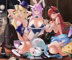 Rule 34 | &gt; &lt;, 5girls, absurdres, animal ears, armpits, azur lane, bare shoulders, bird, black horns, black leotard, black pantyhose, blonde hair, blue hair, blue headwear, blue leotard, breasts, breasts on tray, butterfly hair ornament, card, chick, chunchilin, cleavage, collar, constellation (azur lane), constellation (galaxy&#039;s finest) (azur lane), covered navel, cup, curled horns, detached collar, drinking glass, fake animal ears, green eyes, guam (azur lane), guam (stage-setting charmer) (azur lane), hair between eyes, hair ornament, hair over one eye, hat, high heels, highres, hindenburg (azur lane), hindenburg (delirious duel) (azur lane), holding, holding tray, horns, kearsarge (all night charge) (azur lane), kearsarge (azur lane), large breasts, leotard, long bangs, long hair, looking at viewer, louisville (an order of dreams) (azur lane), louisville (azur lane), lying, manjuu (azur lane), multiple girls, official alternate costume, on back, on stomach, pantyhose, pink hair, playboy bunny, playing card, pointy ears, purple eyes, purple footwear, rabbit ears, red eyes, red hair, thigh strap, top hat, tray, white collar, white hair, white pantyhose, wine glass
