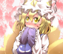 Rule 34 | 1girl, blonde hair, blush, female focus, fox tail, hands in opposite sleeves, hat, heart, heart background, highres, hiro (pqtks113), multiple tails, short hair, solo, tail, touhou, yakumo ran, yellow eyes
