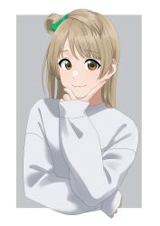 Rule 34 | 1girl, absurdres, arm under breasts, border, brown eyes, closed mouth, commentary request, grey background, grey hair, hand on own chin, highres, long hair, long sleeves, looking at viewer, love live!, love live! school idol project, minami kotori, s sho mkrn, sidelocks, sleeves past wrists, solo, sweater, swept bangs, upper body, white border, white sweater