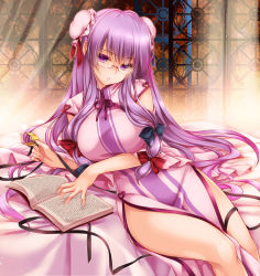 Rule 34 | 1girl, adapted costume, alternate costume, bed, bespectacled, book, bow, breasts, bun cover, china dress, chinese clothes, crescent, double bun, dress, glasses, hair bow, hair bun, highres, large breasts, long hair, looking at viewer, monety, patchouli knowledge, purple eyes, purple hair, solo, touhou