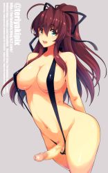 Rule 34 | 1girl, antenna hair, arms behind back, bad id, bad pixiv id, black one-piece swimsuit, breasts, censored, cowboy shot, erection, eyebrows, full-package futanari, futanari, green eyes, grey background, hair ribbon, highres, hiromin, large breasts, long hair, looking at viewer, mosaic censoring, navel, one-piece swimsuit, open mouth, original, penis, purple hair, ribbon, simple background, slingshot swimsuit, smile, solo, swimsuit, testicles, twitter username, watermark, web address