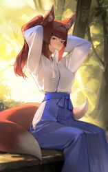 Rule 34 | 1girl, absurdres, animal ear fluff, animal ears, arms up, backlighting, blue eyes, blue skirt, blunt bangs, blurry, brown hair, commentary, day, depth of field, eyelashes, feet out of frame, fox ears, fox girl, fox tail, freckles, hakama, hakama skirt, hands in hair, highres, hip vent, japanese clothes, kimono, limart, long hair, long sleeves, looking at viewer, miko, mouth hold, original, pleated skirt, ponytail, ribbon, ribbon in mouth, sidelocks, sitting, skirt, solo, symbol-only commentary, tail, tree, tying hair, vegetation, white kimono, wide sleeves
