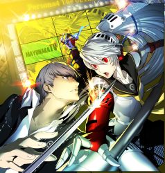 Rule 34 | 1boy, 1girl, :o, absurdres, android, arc system works, atlus, battle, cover, grey eyes, grey hair, hat, headphones, highres, katana, kuma (persona 4), labrys (persona), narukami yuu, official art, peaked cap, persona, persona 4, persona 4: the ultimate in mayonaka arena, popped collar, recursion, red eyes, scan, school uniform, serafuku, soejima shigenori, sparks, sword, television, weapon, white hair, yellow eyes, zoom layer