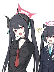 2girls ? ?? animal_ear_fluff animal_ears black_horns blue_archive breasts cat_ears chiaki_(blue_archive) cleavage curved_horns demon_horns extra_ears halo highres horns multiple_girls multiple_horns necktie pink_halo red_halo red_necktie serika_(blue_archive) uranium10