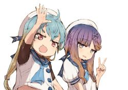 Rule 34 | 2girls, alchera, blonde hair, blue hair, blue neckerchief, blue sailor collar, commentary request, fang, gloves, gradient hair, hat, kantai collection, long hair, looking at viewer, multicolored hair, multiple girls, neckerchief, orange hair, puffy short sleeves, puffy sleeves, purple eyes, purple hair, red eyes, sado (kancolle), sailor collar, sailor hat, shirt, short hair, short sleeves, sidelocks, skin fang, sleeveless, sleeveless shirt, smile, tsurime, tsushima (kancolle), undershirt, upper body, waving, white gloves, white headwear