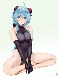 Rule 34 | 1girl, absurdres, ahoge, artist name, bare legs, bare shoulders, black gloves, black leotard, blue hair, blush, bodystocking, bodysuit, bow, breasts, cameltoe, covered navel, elbow gloves, full body, ganyu (genshin impact), genshin impact, gloves, highres, horns, leotard, leotard under clothes, long hair, looking at viewer, medium breasts, no shoes, peagunz, purple eyes, sidelocks, sitting, smile, solo, thighs