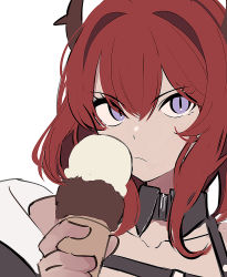 Rule 34 | 1girl, arknights, black collar, close-up, collar, collarbone, demon horns, detached collar, food, hair between eyes, hair intakes, hand up, highres, holding, holding food, horns, ice cream, ice cream cone, portrait, purple eyes, scowl, simple background, slit pupils, solo, surtr (arknights), tetuw, v-shaped eyebrows, white background
