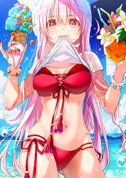 Rule 34 | 1girl, :3, bad id, bad pixiv id, beach umbrella, bead bracelet, beads, bikini, bracelet, breasts, bubble, cleavage, cloud, coconut, commentary, cowboy shot, day, drinking straw, flower, food, front-tie bikini top, front-tie top, fruit cup, girls&#039; frontline, glint, gluteal fold, hands up, highres, holding, holding food, ice cream, jewelry, large breasts, leaf, long hair, looking at viewer, medium breasts, mouth hold, nail polish, navel, ocean, outdoors, pink flower, pink hair, red bikini, red eyes, see-through, shirt, short sleeves, side-tie bikini bottom, smile, solo, standing, sunlight, swimsuit, tassel, ukm-2000 (girls&#039; frontline), umbrella, unjem, very long hair, wet, wet clothes, wet shirt, white flower, white shirt